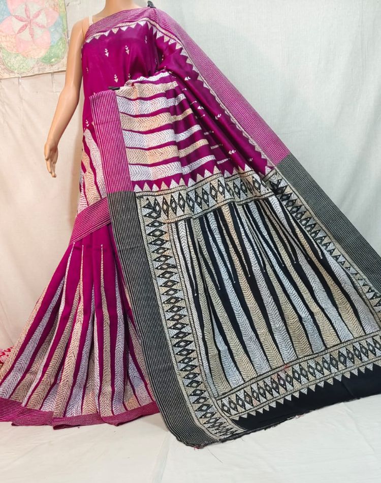 Magenta Kantha Stich Saree