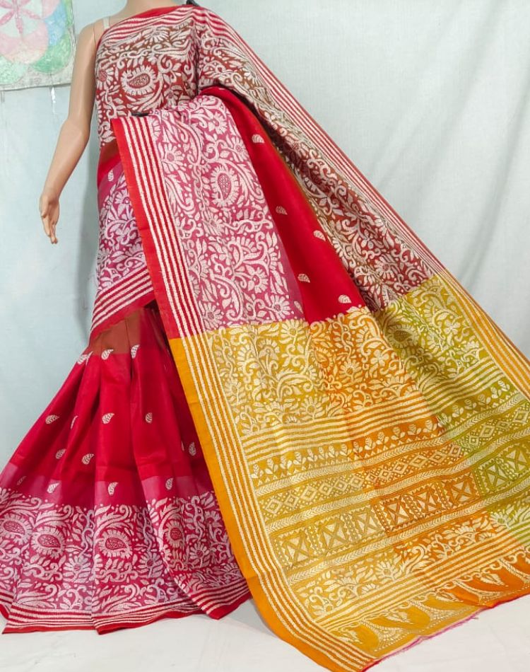 Red Kantha Stich Saree
