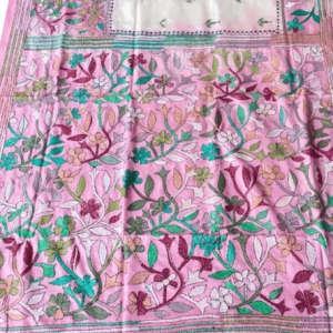 Pink kantha Stich On Tussar Saree