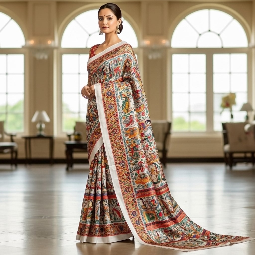 Pure Tasar By Deshi Tasar madhubani hand painting full work silk saree with BP With silk mark tag ( Size - 40) 03