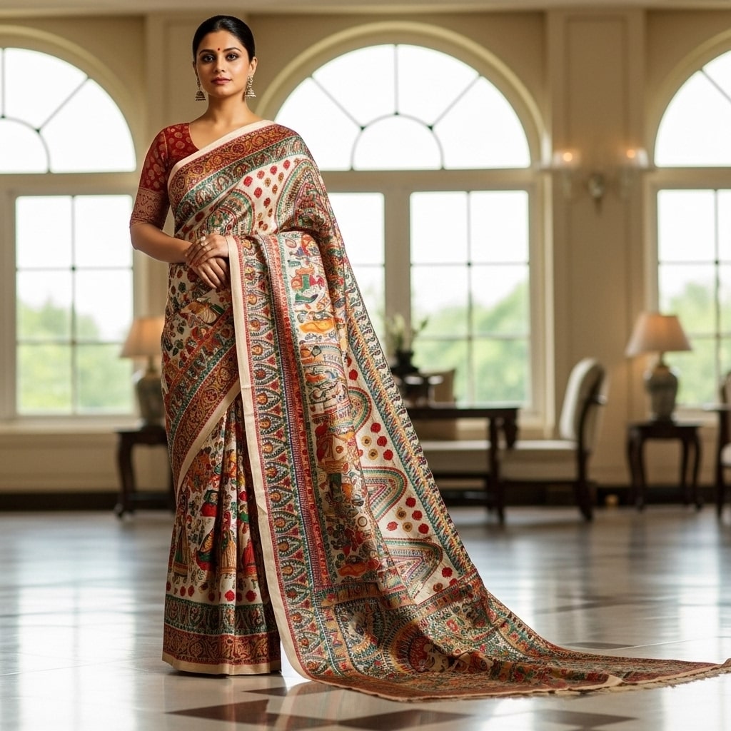 Pure Tasar By Deshi Tasar madhubani hand painting full work silk saree with BP With silk mark tag ( Size - 40) 06