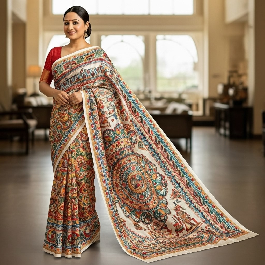 Pure Tasar By Deshi Tasar madhubani hand painting full work silk saree with BP With silk mark tag ( Size - 40) 08